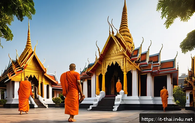 방콕 여행 루트 - A serene early morning scene at Wat Ratchanatdaram temple in Bangkok, showcasing its unique iron arc...