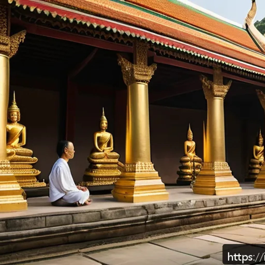 태국에서 사원 방문 규칙 - A serene scene of a traditional Thai temple courtyard during early morning, bathed in soft golden li...
