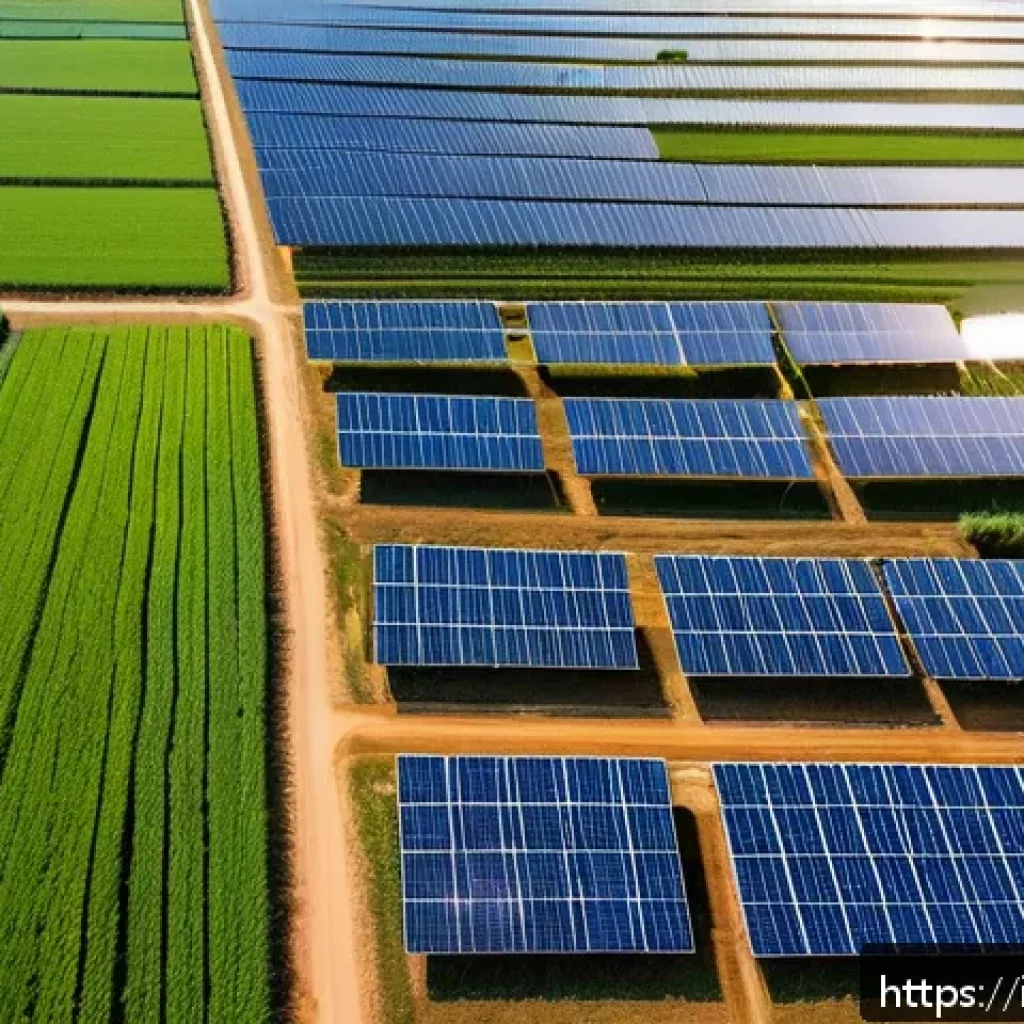 태국의 전력 공급 현황 - A detailed aerial view of a large solar farm in rural Thailand, with rows of photovoltaic panels gli...