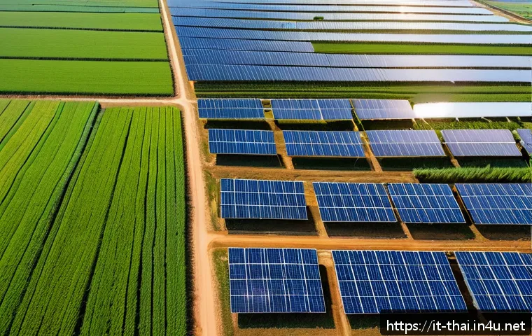 태국의 전력 공급 현황 - A detailed aerial view of a large solar farm in rural Thailand, with rows of photovoltaic panels gli...