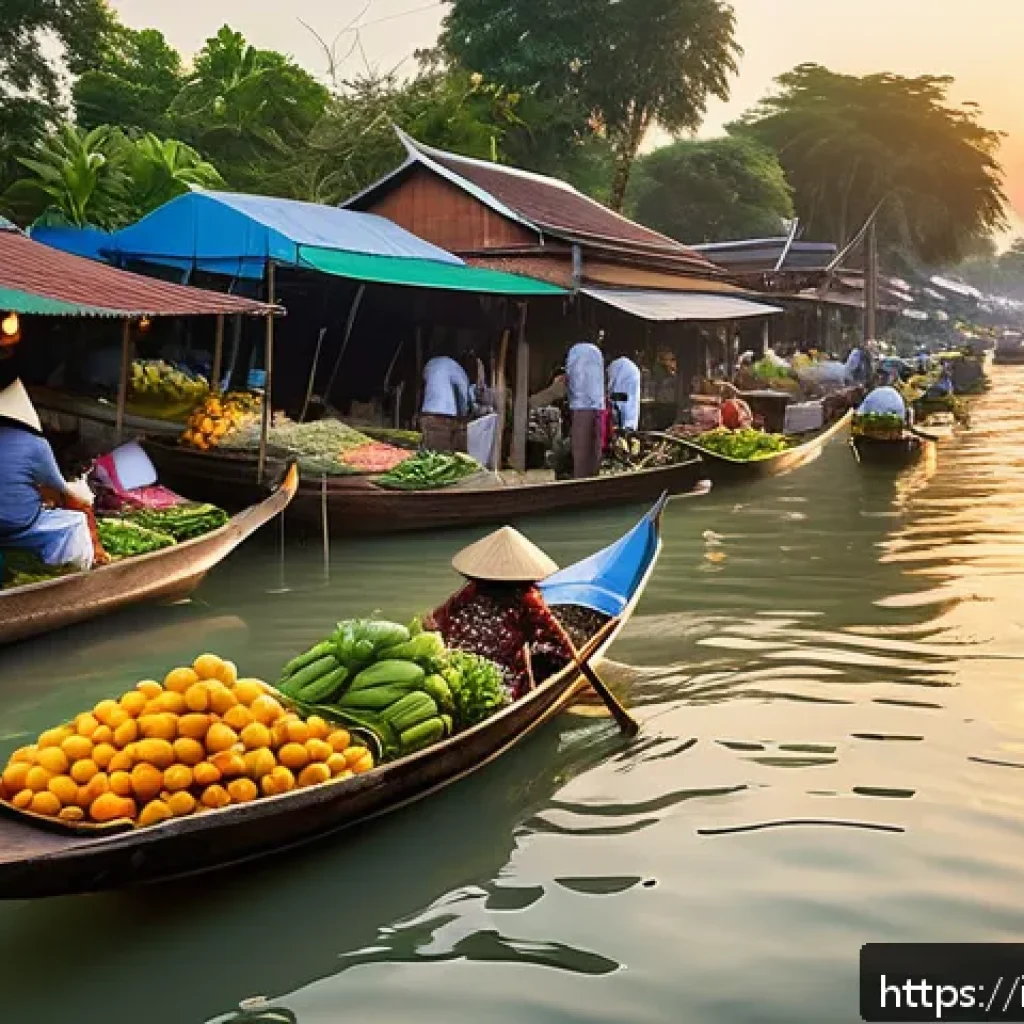 태국의 관광 홍보 전략 - A vibrant scene of a traditional Thai floating market at dawn, featuring wooden boats overflowing wi...