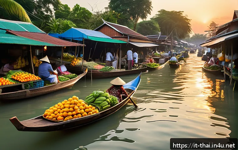 태국의 관광 홍보 전략 - A vibrant scene of a traditional Thai floating market at dawn, featuring wooden boats overflowing wi...
