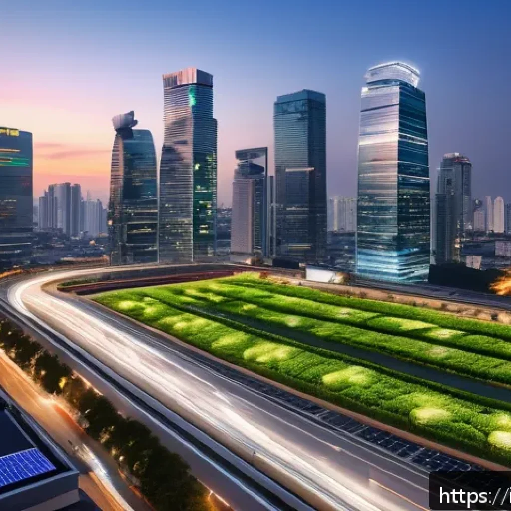 태국의 현대화 프로젝트 - A bustling modern Thai smart cityscape at dusk featuring sleek skyscrapers with integrated green roo...