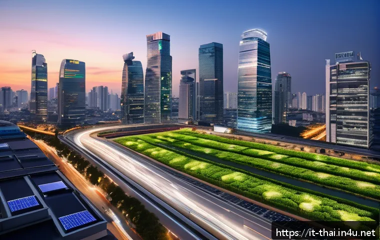 태국의 현대화 프로젝트 - A bustling modern Thai smart cityscape at dusk featuring sleek skyscrapers with integrated green roo...