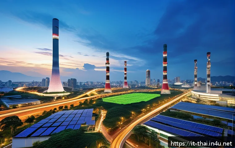태국의 IT 산업 성장 - A modern Thai cityscape at dusk showcasing advanced smart city technologies: illuminated skyscrapers...