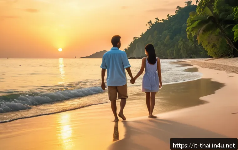 태국 내 신혼여행지 - A serene, secluded white sand beach on a small, lesser-known island in the Gulf of Thailand at sunse...