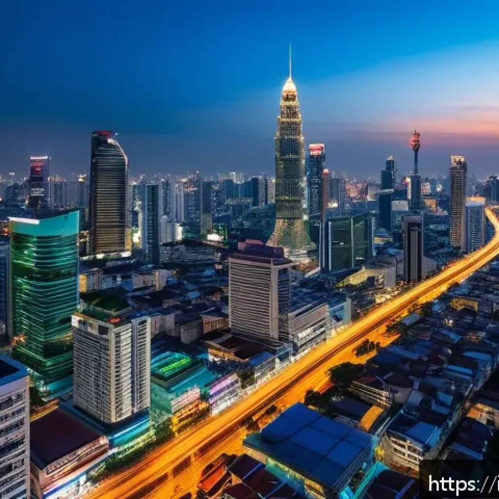 태국의 글로벌 전략 변화 - A vibrant, modern Bangkok cityscape at dusk showcasing a bustling startup hub with young, diverse en...