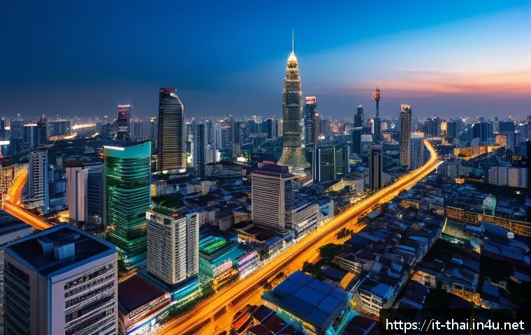 태국의 글로벌 전략 변화 - A vibrant, modern Bangkok cityscape at dusk showcasing a bustling startup hub with young, diverse en...