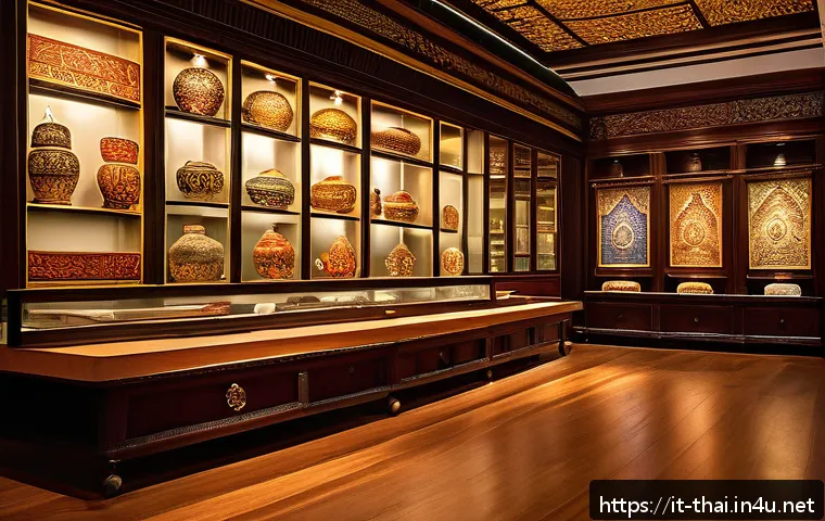태국의 국립 박물관 - A traditional Thai museum interior showcasing ancient handcrafted textiles with intricate embroidery...