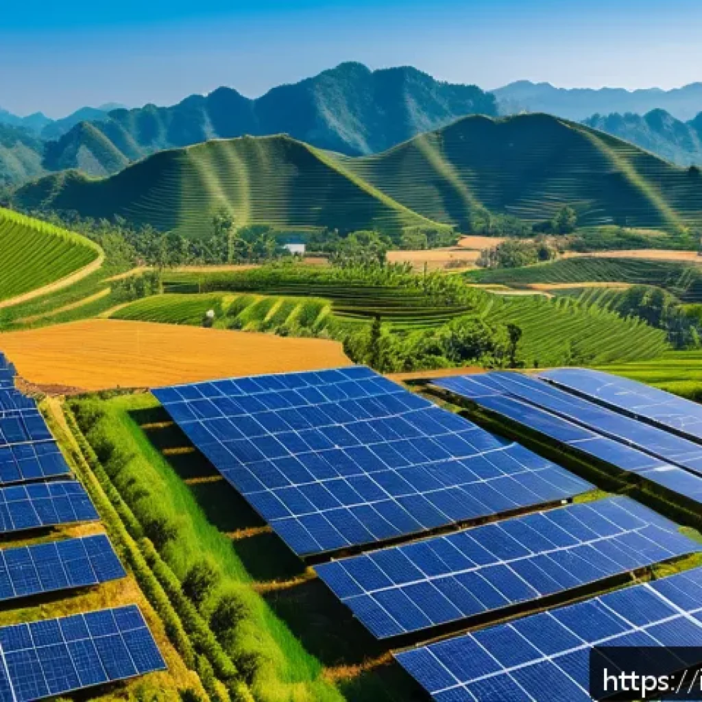 태국의 에너지 산업 - A vast solar farm in northern Thailand under a bright blue sky, rows of modern photovoltaic panels s...