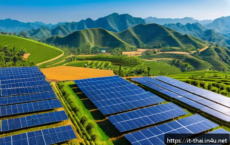 태국의 에너지 산업 - A vast solar farm in northern Thailand under a bright blue sky, rows of modern photovoltaic panels s...