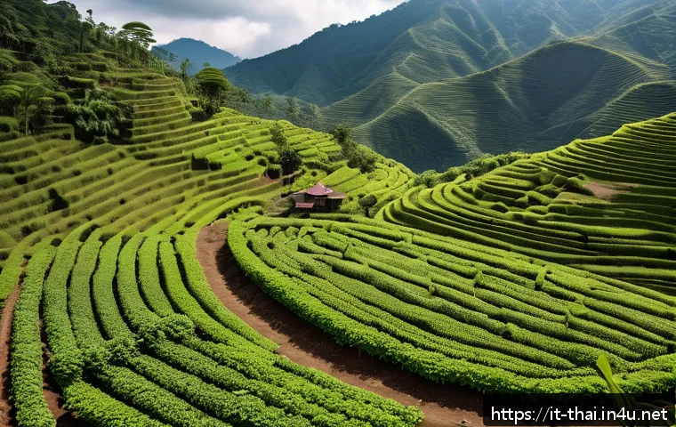 태국의 커피 재배 산업 - A scenic high-altitude coffee plantation in northern Thailand, lush green Arabica coffee plants grow...