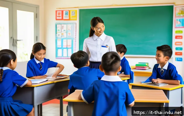 태국의 초등 교육 변화 - A bright and modern Thai primary school classroom scene featuring young students wearing school unif...