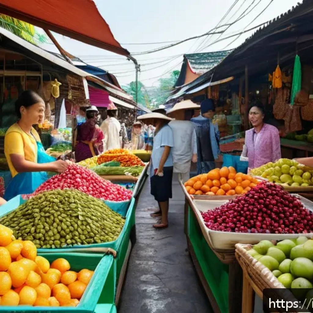태국어 기본 문장 - A vibrant street market scene in Thailand during daytime, featuring a friendly vendor and a tourist ...