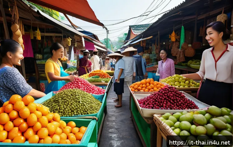 태국어 기본 문장 - A vibrant street market scene in Thailand during daytime, featuring a friendly vendor and a tourist ...