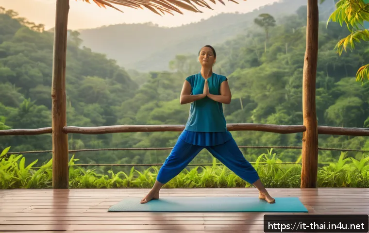 태국에서 요가 리트릿 - A serene outdoor yoga retreat at sunrise in a lush Thai mountain forest near Chiang Mai, featuring a...