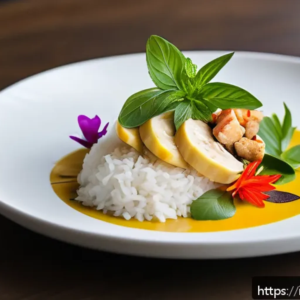 태국의 최신 요리 트렌드 - A contemporary Thai gourmet dish artfully plated on a minimalist white ceramic plate, featuring vibr...