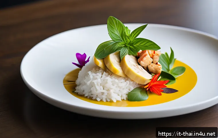 태국의 최신 요리 트렌드 - A contemporary Thai gourmet dish artfully plated on a minimalist white ceramic plate, featuring vibr...