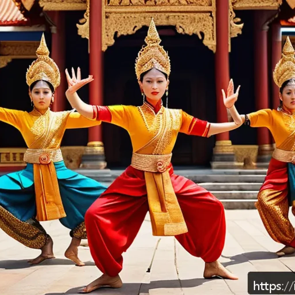 태국의 현대 무용 - A group of Thai contemporary dancers performing in a traditional temple setting, wearing ornate colo...