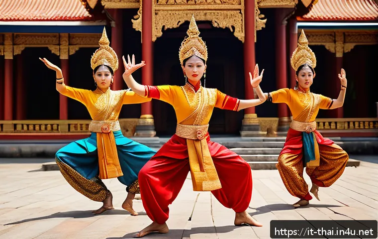 태국의 현대 무용 - A group of Thai contemporary dancers performing in a traditional temple setting, wearing ornate colo...