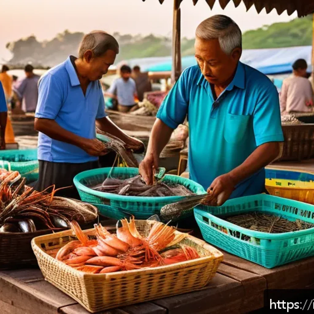 태국의 유명한 해산물 요리 - A vibrant Thai seafood market scene at dawn, with local fishermen unloading freshly caught shrimp, s...