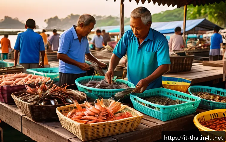 태국의 유명한 해산물 요리 - A vibrant Thai seafood market scene at dawn, with local fishermen unloading freshly caught shrimp, s...