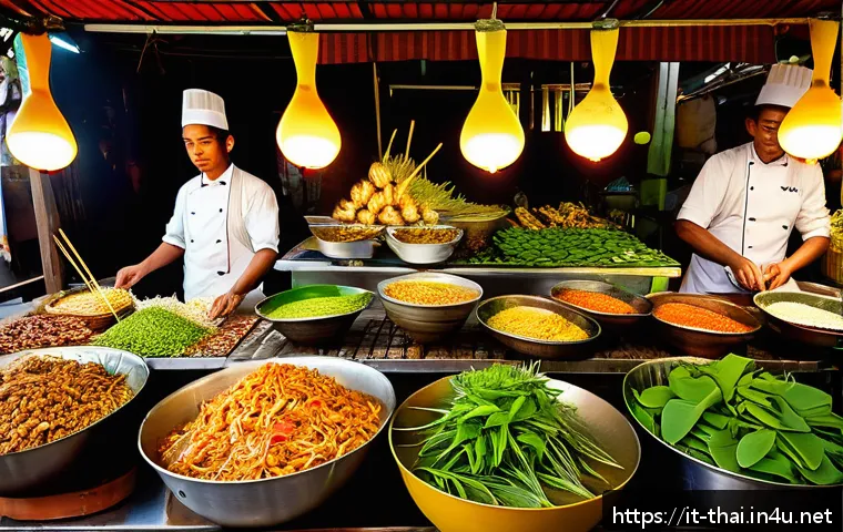 태국식 요리의 특징 - A vibrant Thai street food market scene at dusk in Italy, featuring colorful stalls with fresh ingre...