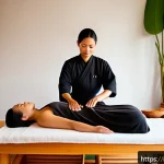 Home 21 태국 마사지 종류 - A serene spa room with soft, warm lighting and natural wooden decor reflecting a Thai massage settin...