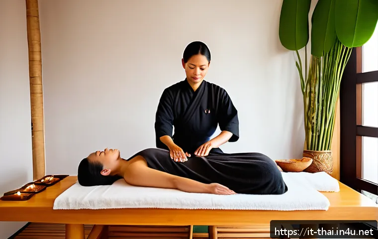 태국 마사지 종류 - A serene spa room with soft, warm lighting and natural wooden decor reflecting a Thai massage settin...