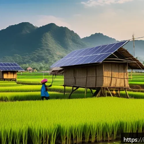 Home 31 태국의 농촌 개발 프로젝트 - A vibrant rural Thai village scene showcasing solar-powered irrigation pumps in lush green rice fiel...