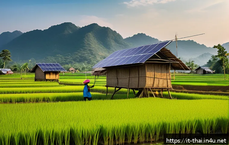 태국의 농촌 개발 프로젝트 - A vibrant rural Thai village scene showcasing solar-powered irrigation pumps in lush green rice fiel...