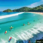 Home 18 태국 해변에서의 서핑 - A vibrant, sunlit scene of Kata Beach in Phuket featuring a diverse group of surfers wearing colorfu...