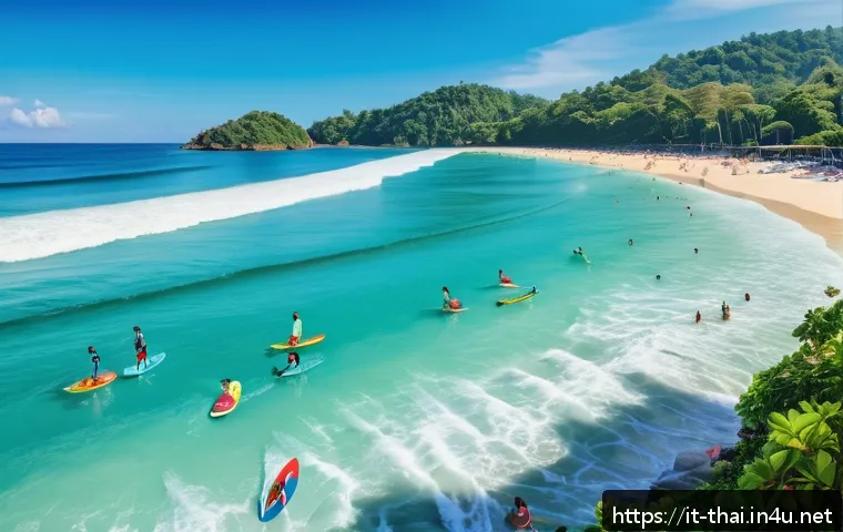 태국 해변에서의 서핑 - A vibrant, sunlit scene of Kata Beach in Phuket featuring a diverse group of surfers wearing colorfu...