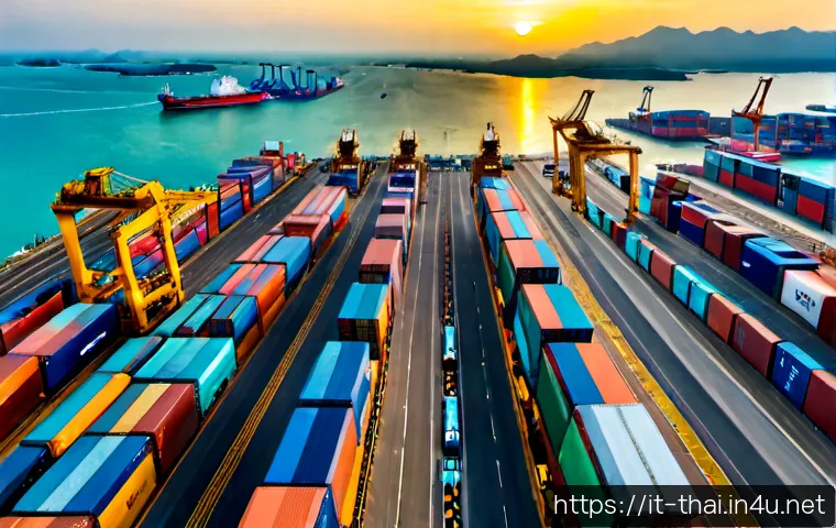 Home 17 태국의 글로벌 유통망 - Photorealistic aerial view of a modern Thai deep-water cargo port at sunrise, colorful unbranded shi...