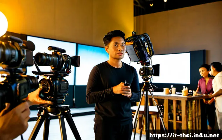 Home 17 태국의 최신 영화 제작 - Photorealistic behind-the-scenes scene of a contemporary Thai film production in Bangkok, diverse So...
