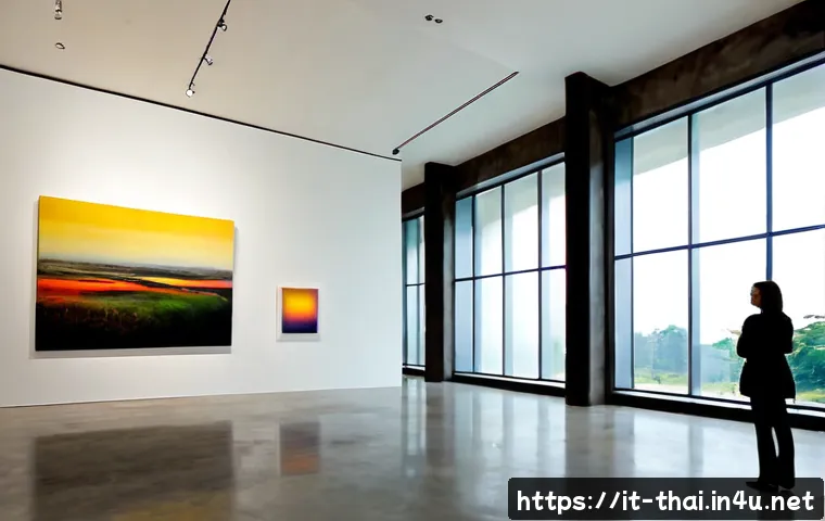Home 30 태국의 현대 미술 전시회 - Photorealistic contemporary art exhibition in a refined Bangkok gallery, Italian couple in casual el...