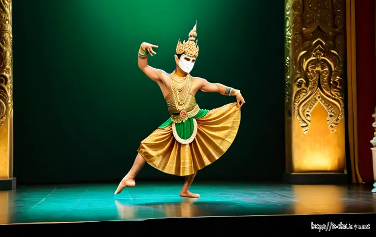 태국 전통 춤 종류 - Photorealistic Thai classical Khon dance performance, masked male dancer in ornate gold and green co...