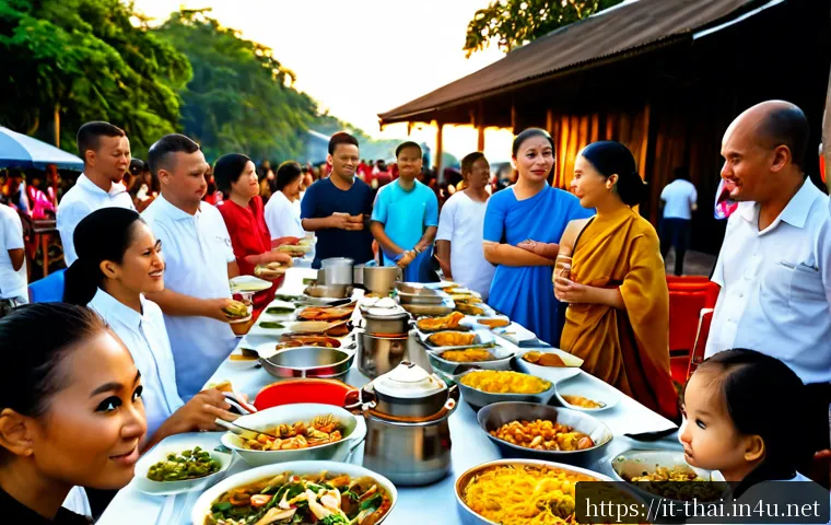 태국의 문화적 통합 사례 - Photorealistic community festival in Thailand showing cultural integration, Thai Buddhist families, ...
