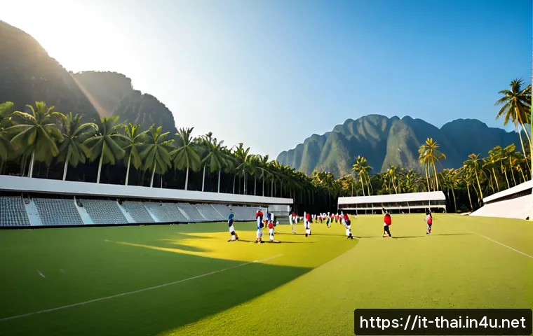 태국의 스포츠 아카데미 - Photorealistic wide-angle view of a modern sports academy in Thailand, teenage athletes in modest tr...